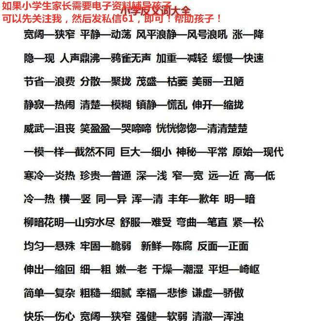 把小學階段常見的近反義詞,進行了整理,單字,詞語,成語都有,家長可以